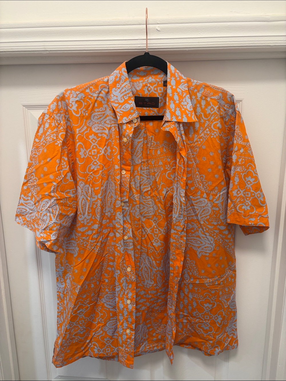 Etro Orange and Blue Paisley Short-Sleeve Button-Down Shirt